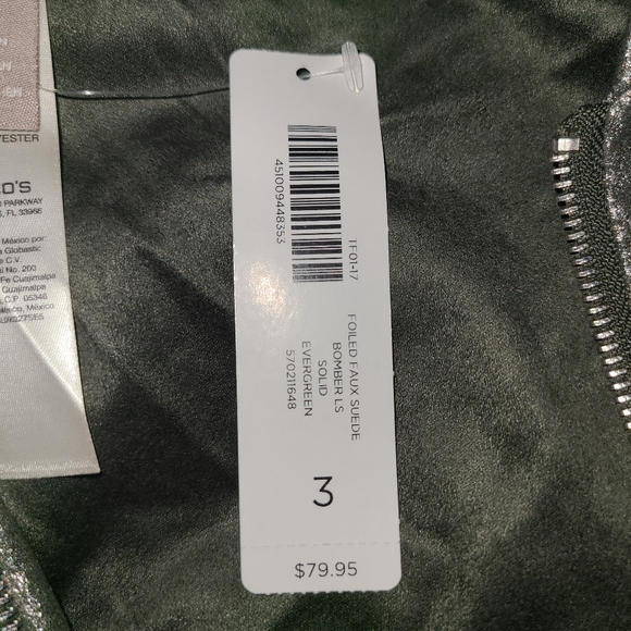 NWT CHICO'S FOILED FAUX SUEDE BOMBER JACKET LONG SLEEVE Size 3 - Picture 3 of 8